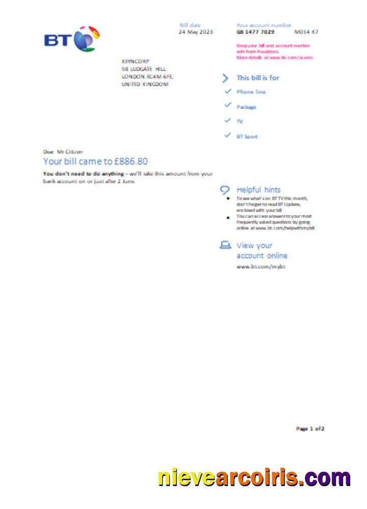 BT utility business bill, page 1